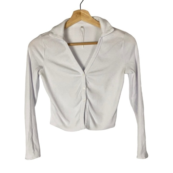 Boutique White Ribbed Button Front Collar Cropped Long Sleeve S - Picture 1 of 4